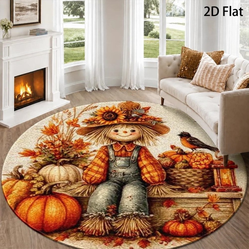 Commercial Printing Format - Cute Scarecrow Fall Harvest Round Rug,Pumpkin